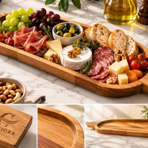 Plateau de service long en bambou garni de charcuterie et fromages, avec vues de détail