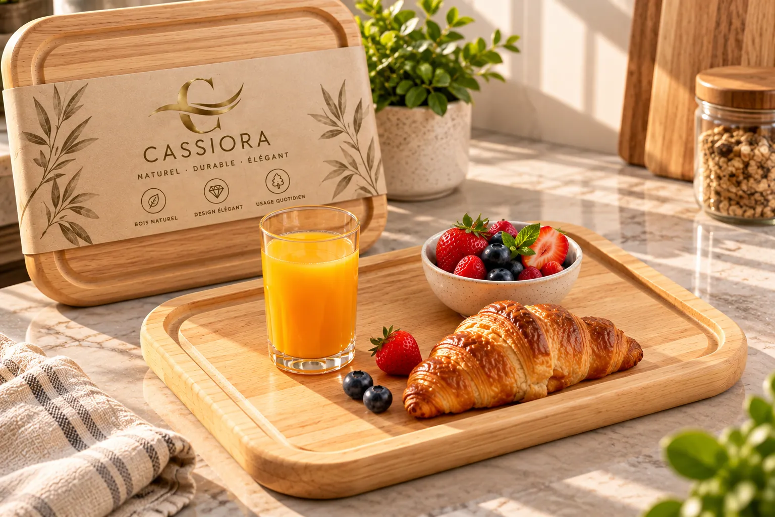 Plateau de service en bois avec poignées, emballage CASSIORA, jus d'orange et croissant