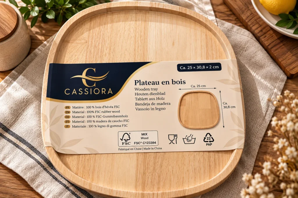 Plateau de service en bois d'hévéa dans son emballage CASSIORA