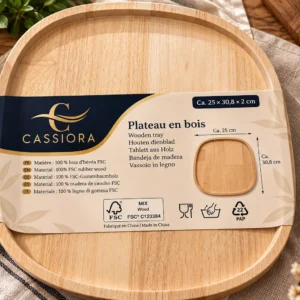 Plateau de service en bois d'hévéa dans son emballage CASSIORA