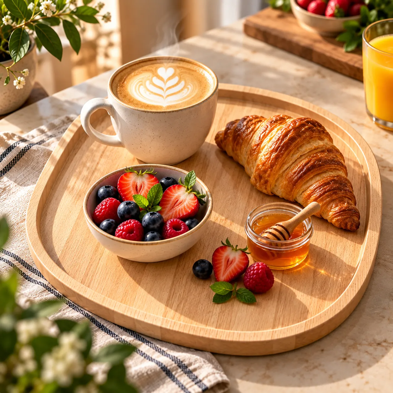 Petit-déjeuner servi sur le plateau en hévéa : café, croissant, fruits rouges et miel