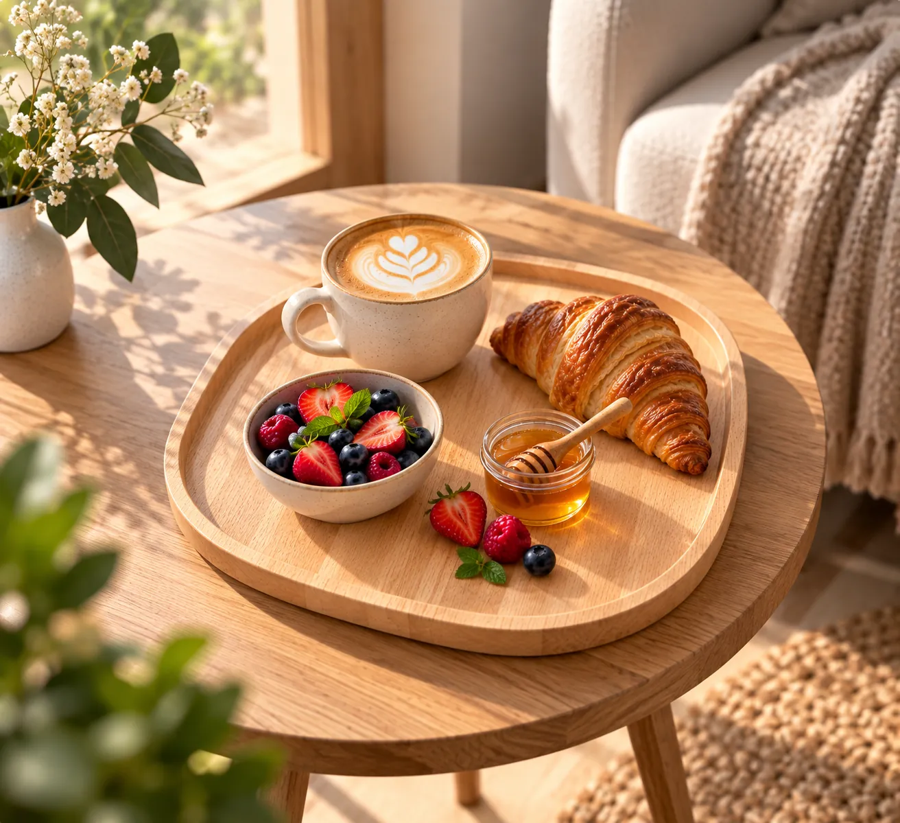 Plateau en hévéa avec café, croissant et fruits rouges sur une table d'appoint