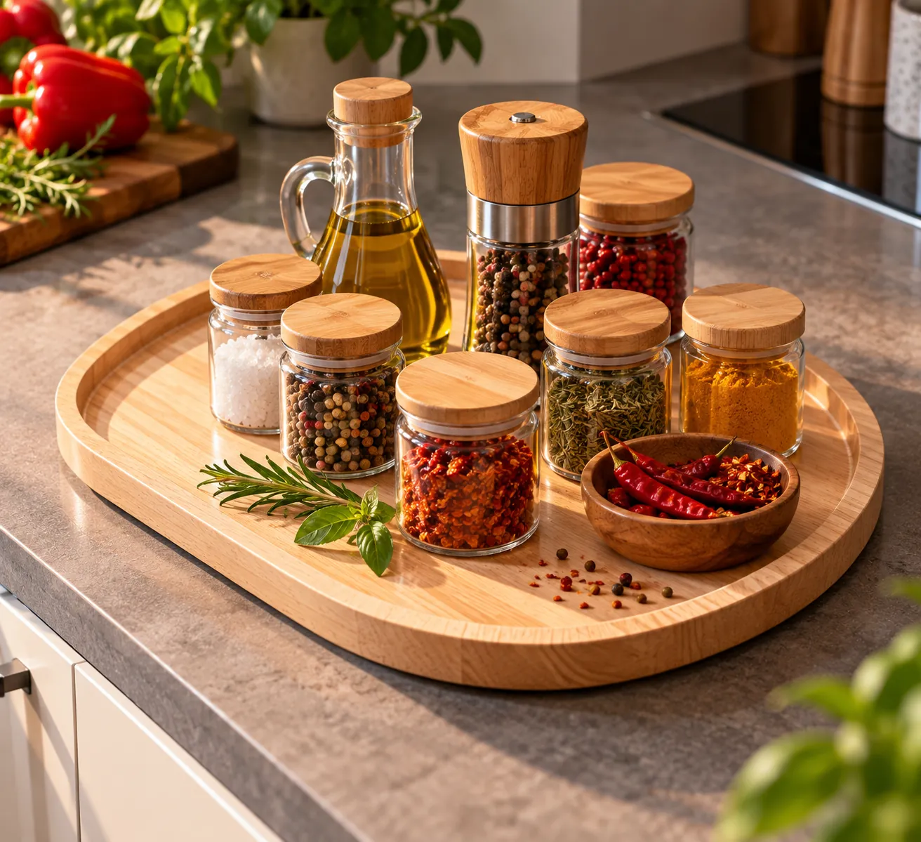 Plateau en hévéa accueillant pots d'épices et bouteilles d'huile