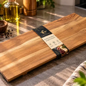 Planche de service en bois d'acacia avec son étiquette CASSIORA