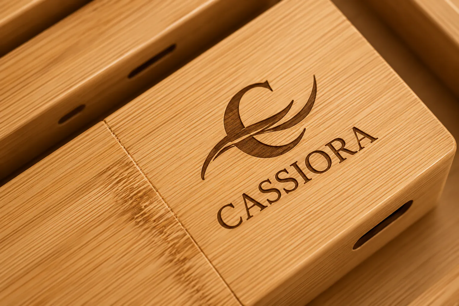 Logo CASSIORA gravé sur un accessoire en bambou